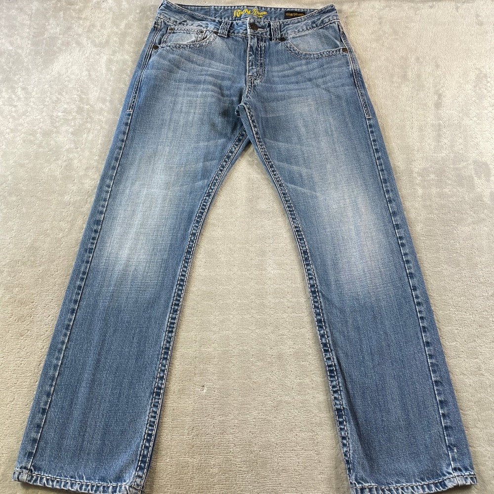 Wrangler Rock 47 Jeans Mens 34x32 Blue Slim Straight Western Cowboy Whiskers